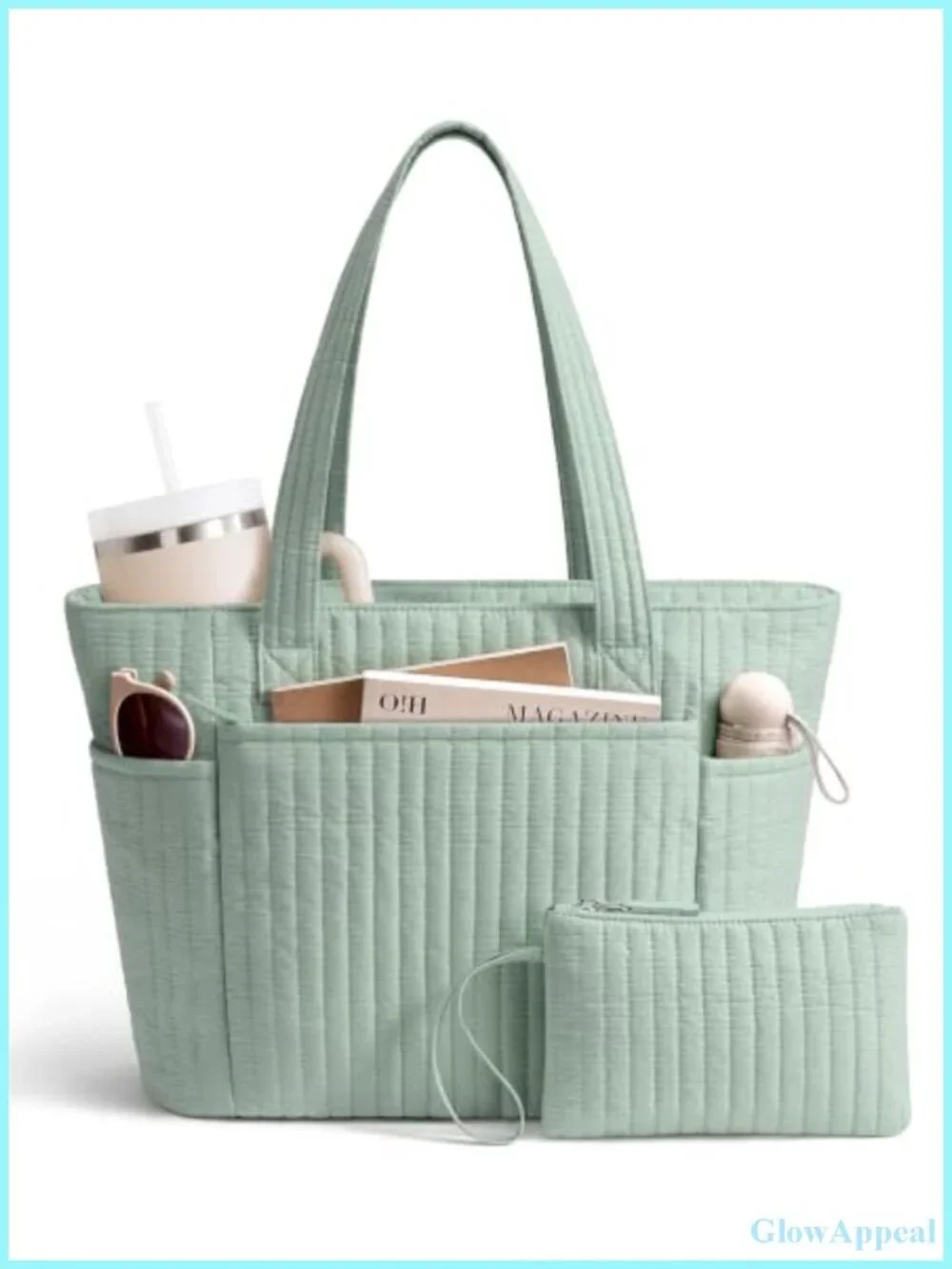 Quilted Puffer Cotton Tote Bag with 10 Pockets, Laptop Sleeve, Waterproof